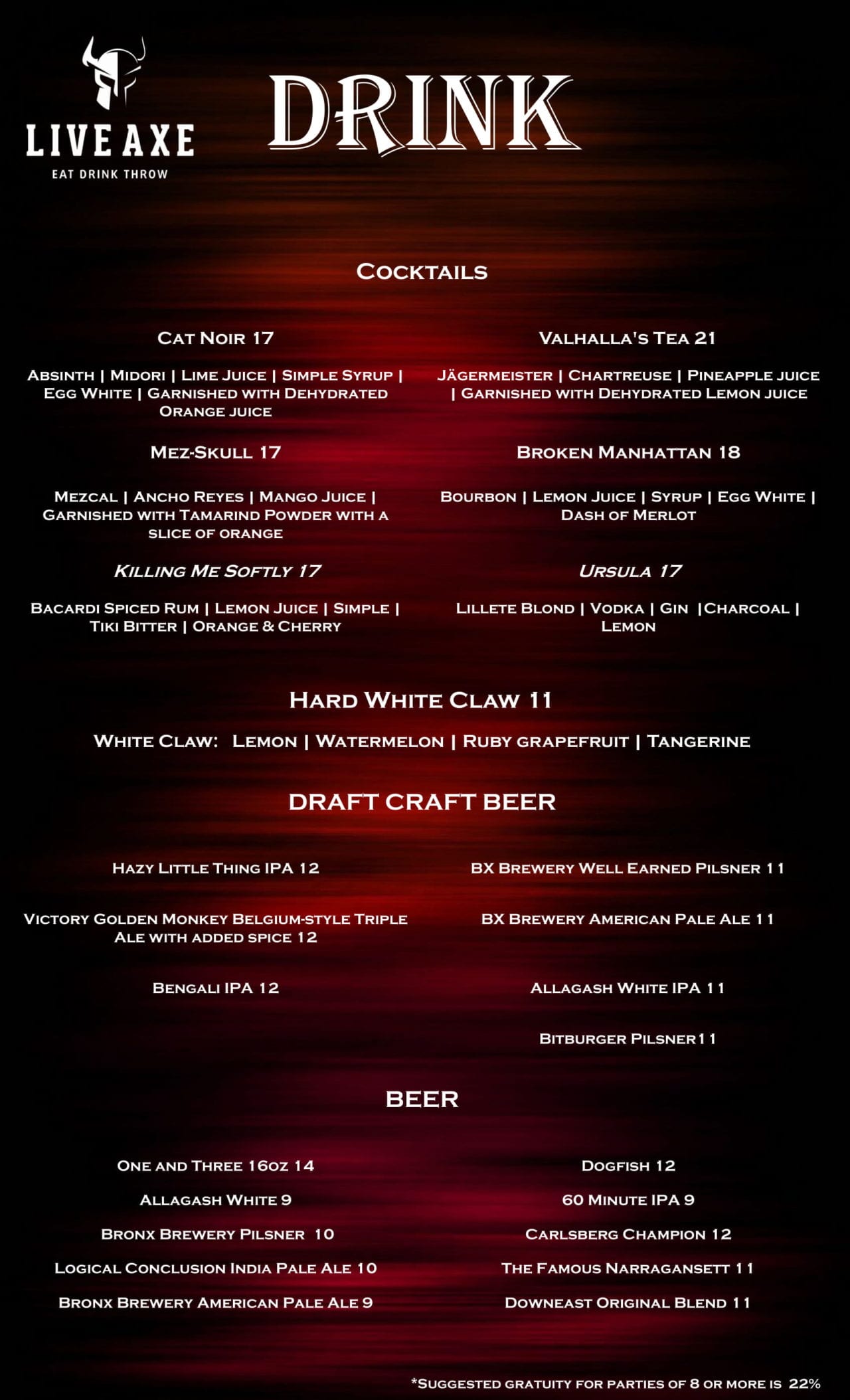 Live Axe Menu Lower East Side, NYC Live Axe