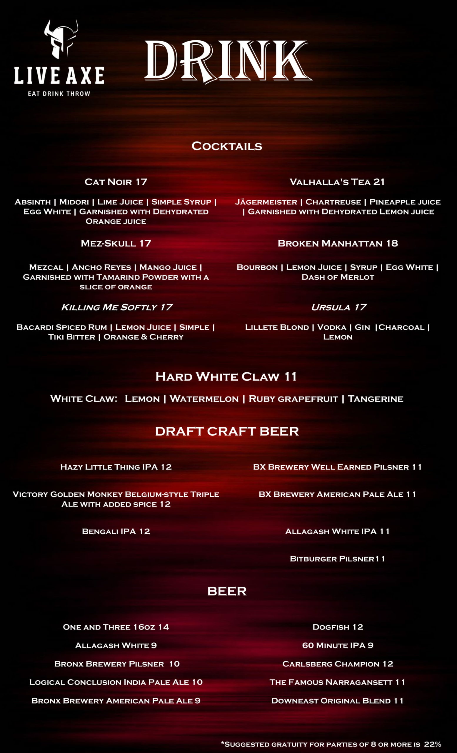 Drink Menu at Live Axe SoHo Lower East Side NYC