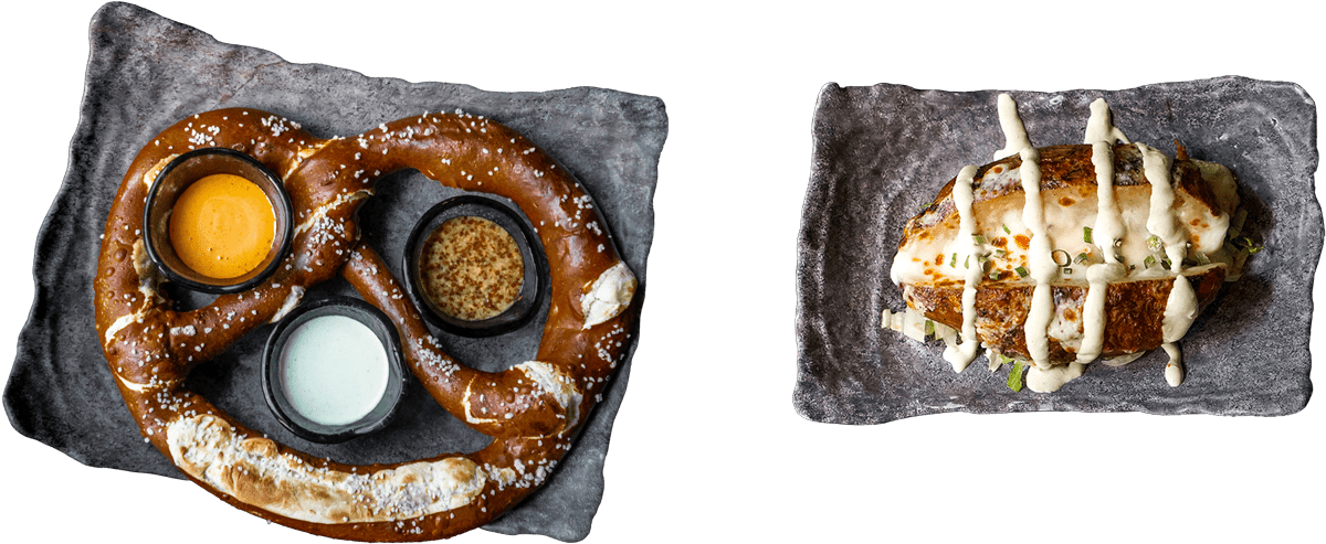 Giant pretzel and baked potato
